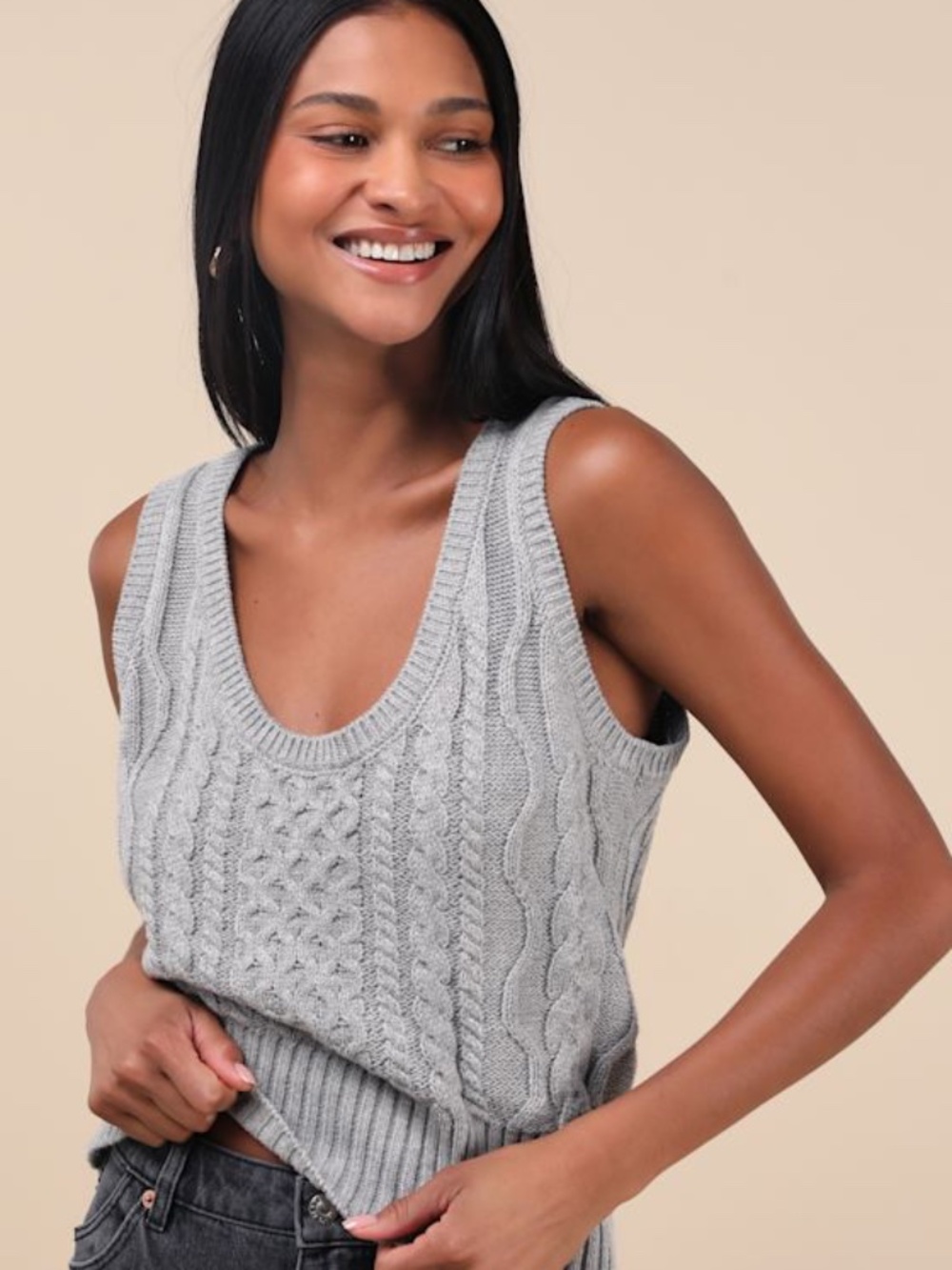 Lulus Sophisticated Staple Heather Grey Cable Knit Sweater Vest - Size S